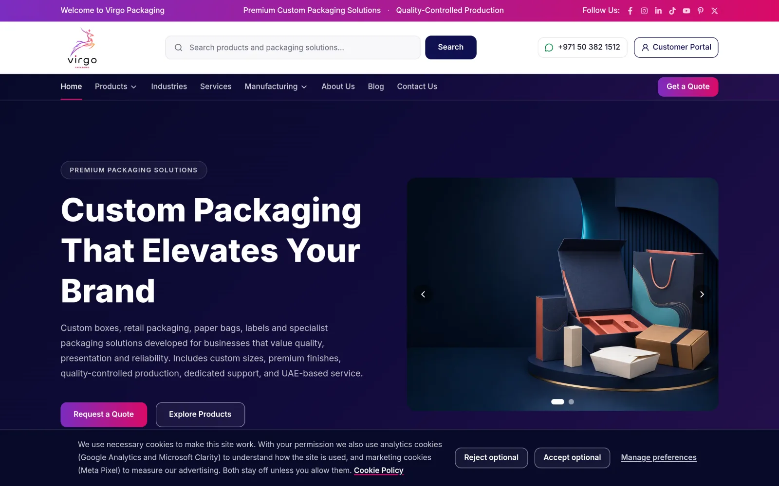 Homepage of the Virgo Packaging website